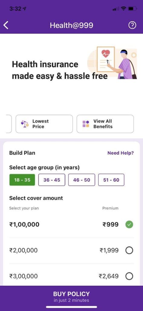Choose your age group and the required Health Insurance cover amount