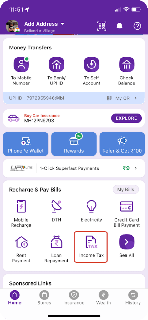 Open the PhonePe app homepage and tap on the ‘Income tax’ icon