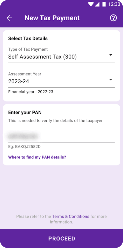 Select the Type of Tax you would like to pay, the assessment year, and PAN Card details
