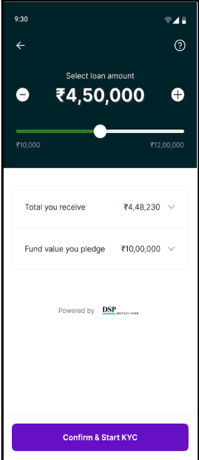 Get Loan Offer: The user enters PAN & OTP. PhonePe securely fetches their list of eligible mutual funds and instantly computes their loan offer. The user selects the loan amount they want.