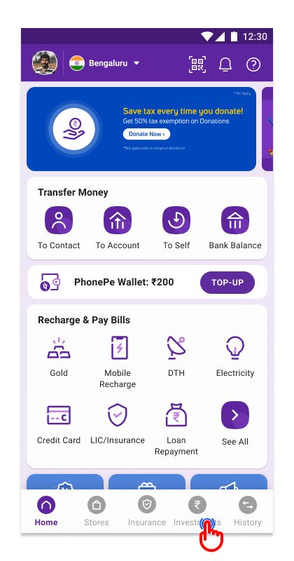 Click on “Investments” on the PhonePe homepage