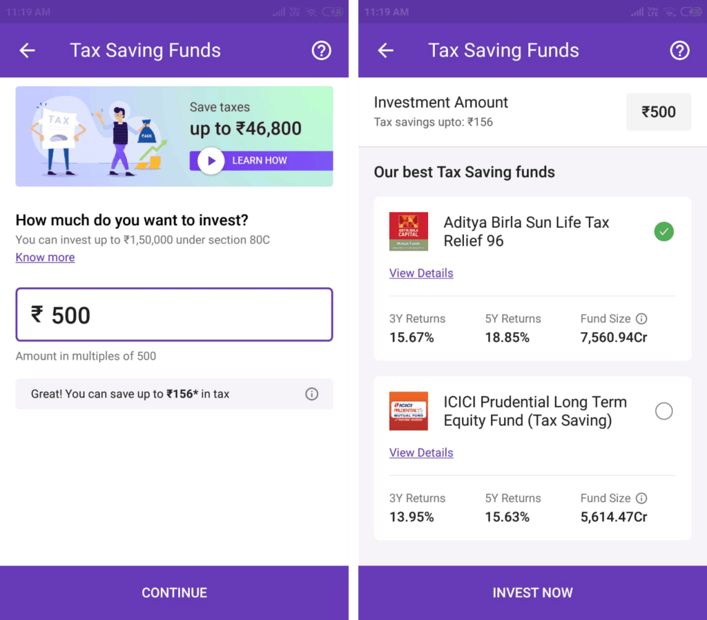 Enter the amount and select the fund to invest in