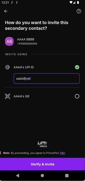 To set up UPI Circle and link secondary users, tap âInvite Secondary Contactâ by either scanning their QR code or manually entering the UPI ID