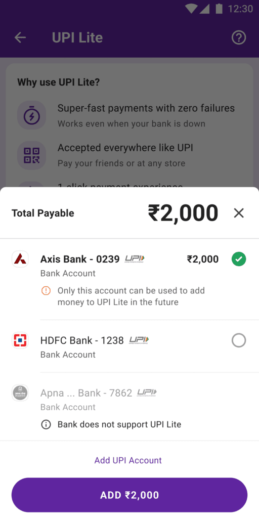 User enters the amount to add it in UPI LITE and selects the bank account