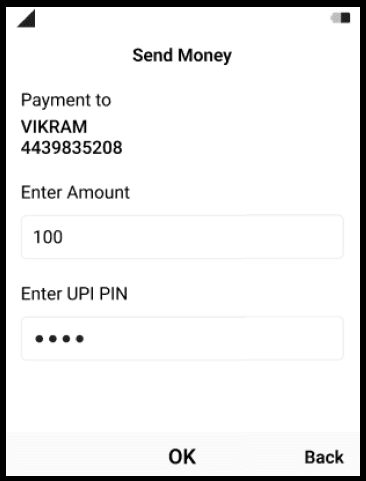 Validate the details. Enter the amount and UPI PIN. Press OK to confirm and pay.